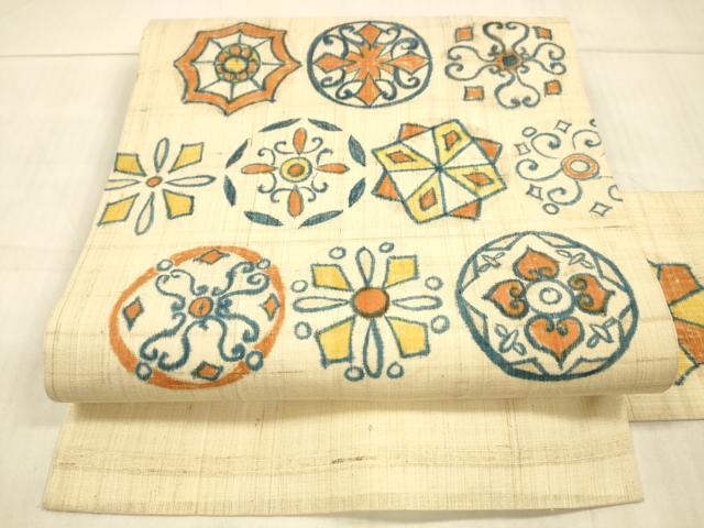 平和屋着物＊夏物 九寸名古屋帯 生紬 手描き 抽象文様 正絹 逸品 DAAX0031cm