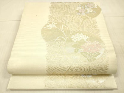 平和屋着物＊夏物　九寸開き名古屋帯　流水団扇草花文　金糸　逸品　DAAX0034cm