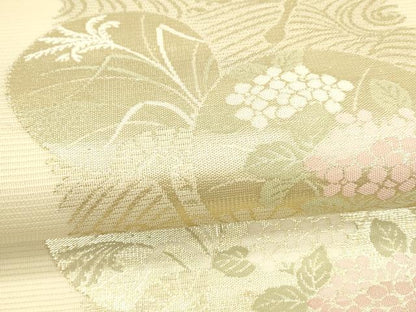 平和屋着物＊夏物　九寸開き名古屋帯　流水団扇草花文　金糸　逸品　DAAX0034cm