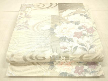 平和屋着物＊夏物 六通柄袋帯 流水草花文 銀糸 正絹 逸品 DAAX0035cm