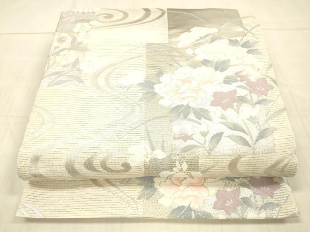 平和屋着物＊夏物 六通柄袋帯 流水草花文 銀糸 正絹 逸品 DAAX0035cm