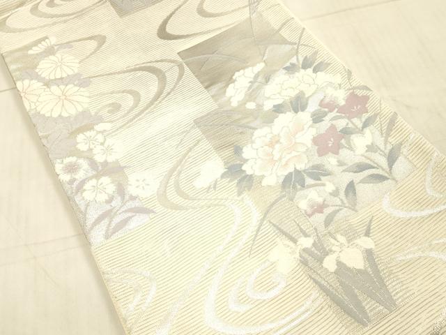 平和屋着物＊夏物 六通柄袋帯 流水草花文 銀糸 正絹 逸品 DAAX0035cm