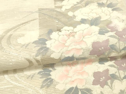 平和屋着物＊夏物 六通柄袋帯 流水草花文 銀糸 正絹 逸品 DAAX0035cm
