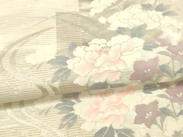 平和屋着物＊夏物 六通柄袋帯 流水草花文 銀糸 正絹 逸品 DAAX0035cm