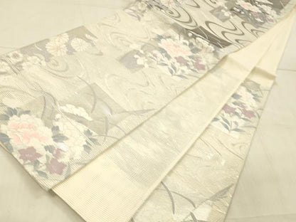 平和屋着物＊夏物 六通柄袋帯 流水草花文 銀糸 正絹 逸品 DAAX0035cm