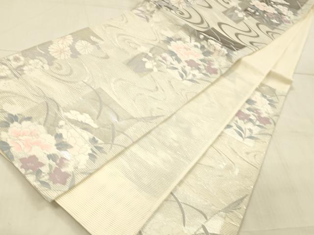平和屋着物＊夏物 六通柄袋帯 流水草花文 銀糸 正絹 逸品 DAAX0035cm