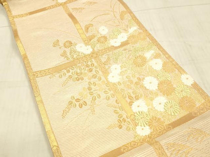 平和屋着物＊夏物 六通柄袋帯 唐織 格子草花文 金糸 正絹 逸品 DAAX0037cm