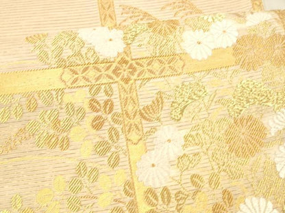 平和屋着物＊夏物 六通柄袋帯 唐織 格子草花文 金糸 正絹 逸品 DAAX0037cm