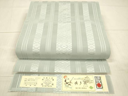 平和屋着物＊夏物 本場筑前博多織 八寸名古屋帯 両もじり 紗献上 秘色色 証紙付き 正絹 逸品 DAAX0044cm