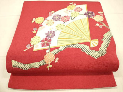 平和屋着物●九寸開き名古屋帯　舞扇枝花文　金彩　鬼しぼ縮緬　正絹　逸品　DAAX0062cm