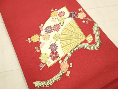 平和屋着物●九寸開き名古屋帯　舞扇枝花文　金彩　鬼しぼ縮緬　正絹　逸品　DAAX0062cm