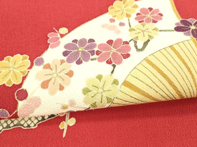 平和屋着物●九寸開き名古屋帯　舞扇枝花文　金彩　鬼しぼ縮緬　正絹　逸品　DAAX0062cm