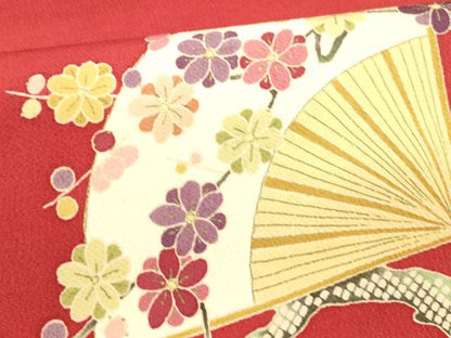 平和屋着物●九寸開き名古屋帯　舞扇枝花文　金彩　鬼しぼ縮緬　正絹　逸品　DAAX0062cm