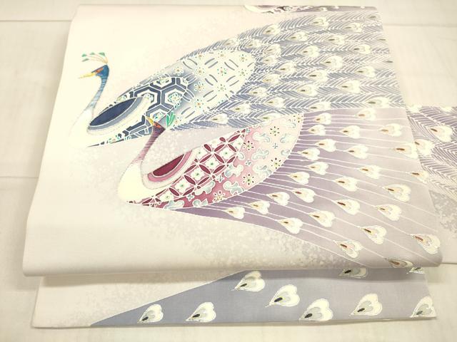 平和屋着物●鎌倉友禅　坂井教人　日本工芸会正会員　塩瀬　九寸名古屋帯　孔雀花文　金銀糸　正絹　逸品　DAAX0066cm