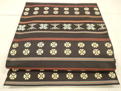 平和屋着物●本場筑前博多織 八寸名古屋帯 横段花文 正絹 逸品 DAAX0077cm