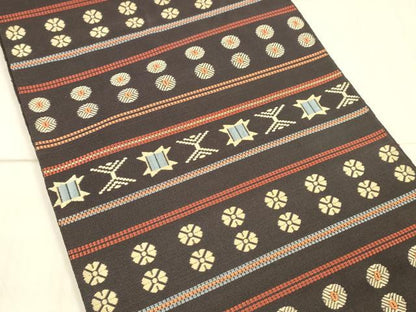 平和屋着物●本場筑前博多織 八寸名古屋帯 横段花文 正絹 逸品 DAAX0077cm