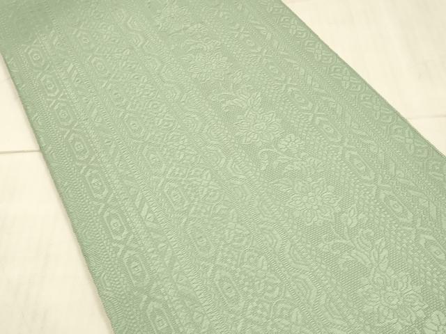 平和屋着物●本場筑前博多織　八寸名古屋帯　花唐草間道　青磁鼠色　正絹　逸品　DAAX0078cm