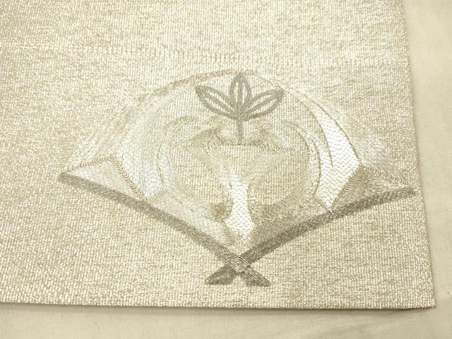平和屋着物●国際的伝統工芸作家 十二代・藤林徳扇 苑寿 綴れ 両面 全通柄袋帯 駒刺繍 総刺繍　抽象草葉文 金銀糸 正絹 逸品 DAAX0096cm