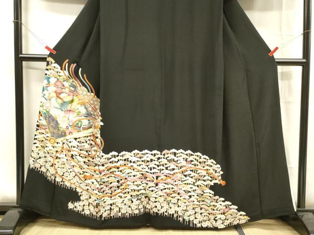 平和屋着物■豪華黒留袖　駒刺繍　扇面花鳥文　金彩　正絹　逸品　DAAX0175cm