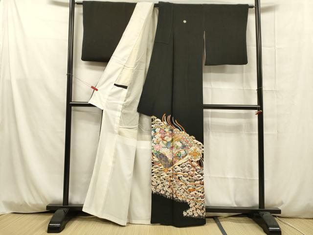平和屋着物■豪華黒留袖　駒刺繍　扇面花鳥文　金彩　正絹　逸品　DAAX0175cm