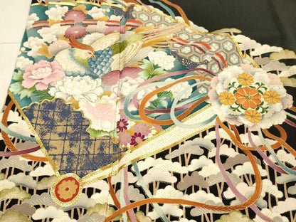 平和屋着物■豪華黒留袖　駒刺繍　扇面花鳥文　金彩　正絹　逸品　DAAX0175cm