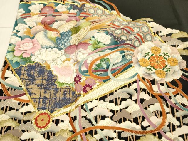 平和屋着物■豪華黒留袖　駒刺繍　扇面花鳥文　金彩　正絹　逸品　DAAX0175cm