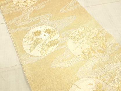 平和屋着物＊夏物 六通柄袋帯 流水草花文 金銀糸 正絹 逸品 DAAX0182cm