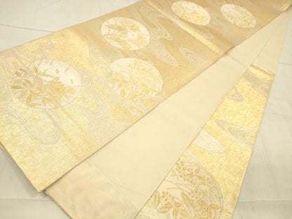 平和屋着物＊夏物 六通柄袋帯 流水草花文 金銀糸 正絹 逸品 DAAX0182cm