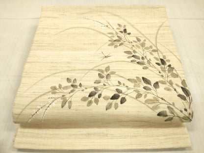 平和屋着物＊夏物 九寸開き名古屋帯 手描き 蜻蛉草葉文 麻 逸品 DAAX0188cm