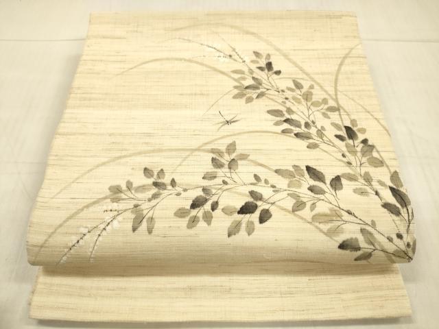 平和屋着物＊夏物 九寸開き名古屋帯 手描き 蜻蛉草葉文 麻 逸品 DAAX0188cm