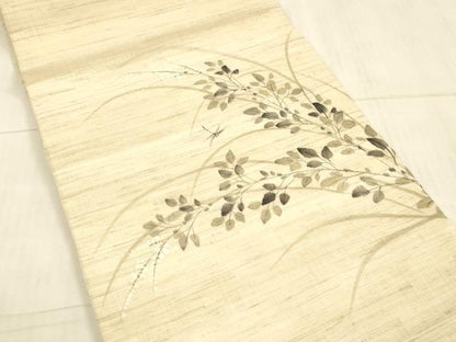 平和屋着物＊夏物 九寸開き名古屋帯 手描き 蜻蛉草葉文 麻 逸品 DAAX0188cm