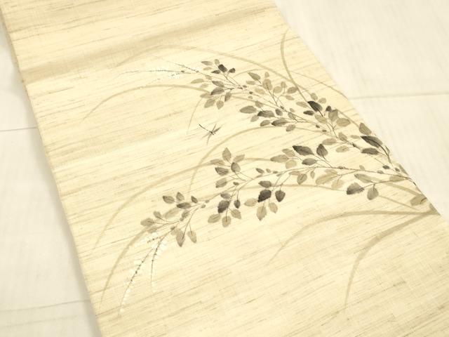 平和屋着物＊夏物 九寸開き名古屋帯 手描き 蜻蛉草葉文 麻 逸品 DAAX0188cm