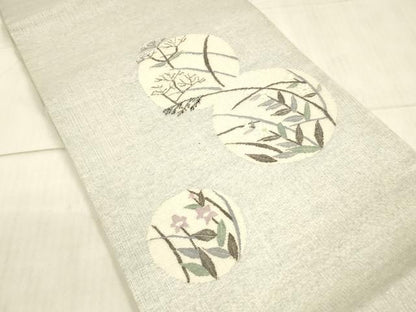 平和屋着物＊夏物　太鼓柄袋帯　草花文　銀糸　さが美扱い　正絹　逸品　DAAX0191cm