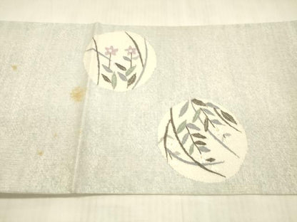 平和屋着物＊夏物　太鼓柄袋帯　草花文　銀糸　さが美扱い　正絹　逸品　DAAX0191cm