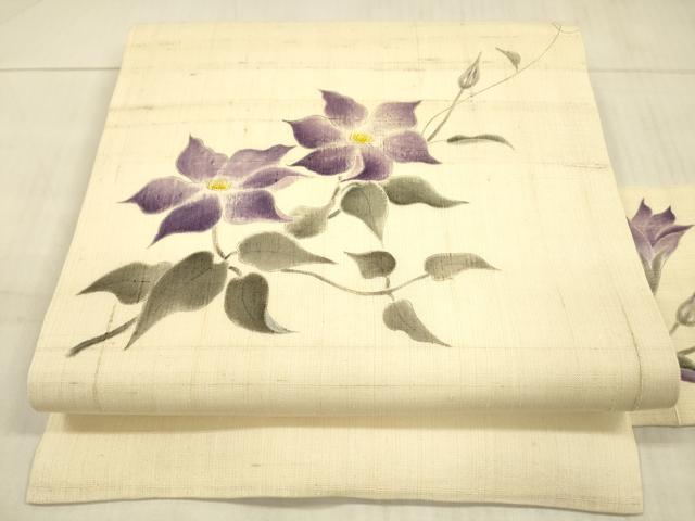 平和屋着物＊夏物 九寸名古屋帯 手描き 紬地 草花文 正絹 逸品 DAAX0205cm