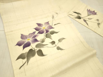 平和屋着物＊夏物 九寸名古屋帯 手描き 紬地 草花文 正絹 逸品 DAAX0205cm