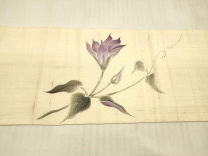 平和屋着物＊夏物 九寸名古屋帯 手描き 紬地 草花文 正絹 逸品 DAAX0205cm