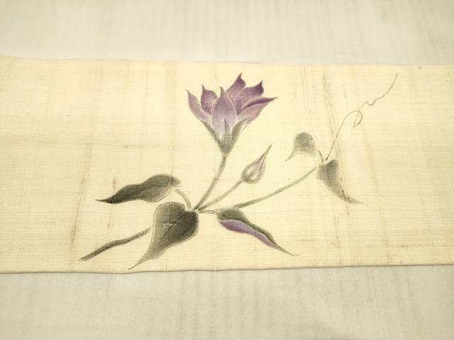 平和屋着物＊夏物 九寸名古屋帯 手描き 紬地 草花文 正絹 逸品 DAAX0205cm