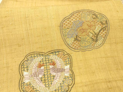 平和屋着物＊夏物 中国三大刺繍 スワトウ刺繍 汕頭刺繍 相良刺繍 総刺繍 九寸名古屋帯 紬地 向かい鳥蔦の葉花文 金糸 正絹 逸品 DAAX0206cm