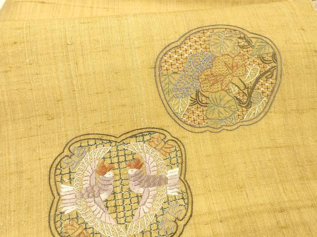 平和屋着物＊夏物 中国三大刺繍 スワトウ刺繍 汕頭刺繍 相良刺繍 総刺繍 九寸名古屋帯 紬地 向かい鳥蔦の葉花文 金糸 正絹 逸品 DAAX0206cm