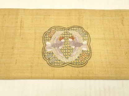 平和屋着物＊夏物 中国三大刺繍 スワトウ刺繍 汕頭刺繍 相良刺繍 総刺繍 九寸名古屋帯 紬地 向かい鳥蔦の葉花文 金糸 正絹 逸品 DAAX0206cm