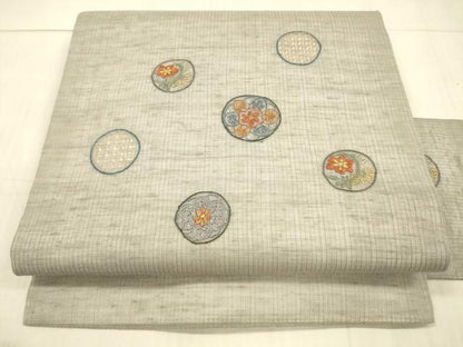 平和屋着物＊夏物中国三大刺繍 スワトウ刺繍 汕頭刺繍 相良刺繍 総刺繍 九寸名古屋帯 草花丸文 金糸 正絹 逸品 DAAX0211cm
