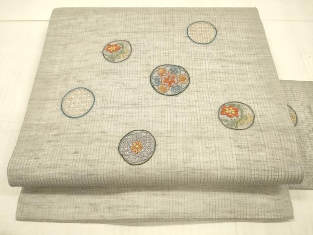 平和屋着物＊夏物中国三大刺繍 スワトウ刺繍 汕頭刺繍 相良刺繍 総刺繍 九寸名古屋帯 草花丸文 金糸 正絹 逸品 DAAX0211cm