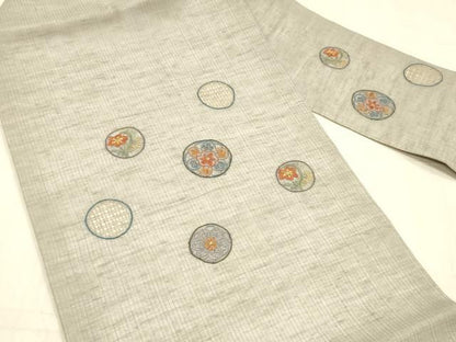 平和屋着物＊夏物中国三大刺繍 スワトウ刺繍 汕頭刺繍 相良刺繍 総刺繍 九寸名古屋帯 草花丸文 金糸 正絹 逸品 DAAX0211cm