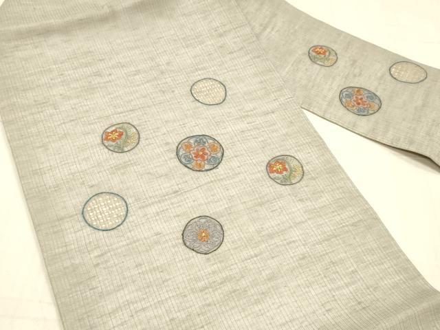 平和屋着物＊夏物中国三大刺繍 スワトウ刺繍 汕頭刺繍 相良刺繍 総刺繍 九寸名古屋帯 草花丸文 金糸 正絹 逸品 DAAX0211cm