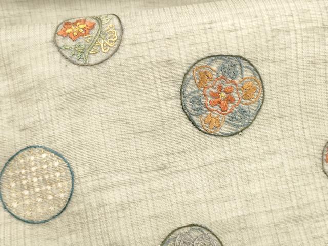 平和屋着物＊夏物中国三大刺繍 スワトウ刺繍 汕頭刺繍 相良刺繍 総刺繍 九寸名古屋帯 草花丸文 金糸 正絹 逸品 DAAX0211cm
