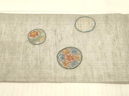 平和屋着物＊夏物中国三大刺繍 スワトウ刺繍 汕頭刺繍 相良刺繍 総刺繍 九寸名古屋帯 草花丸文 金糸 正絹 逸品 DAAX0211cm