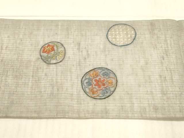平和屋着物＊夏物中国三大刺繍 スワトウ刺繍 汕頭刺繍 相良刺繍 総刺繍 九寸名古屋帯 草花丸文 金糸 正絹 逸品 DAAX0211cm