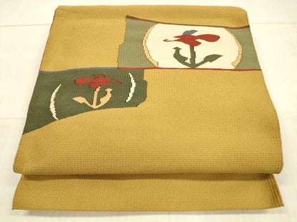平和屋着物●八寸名古屋帯　草花文　正絹　逸品　DAAX0214cm