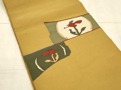 平和屋着物●八寸名古屋帯　草花文　正絹　逸品　DAAX0214cm